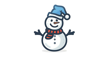 A friendly cartoon snowman wearing a blue hat and red scarf.