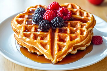 A stack of heart-shaped waffles, topped with syrup and berries, creating a sweet breakfast treat