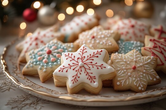 A beautifully arranged platter of Christmas cookies, gingerbread men, sugar cookies, and thumbprint cookies, set on elegant table setting