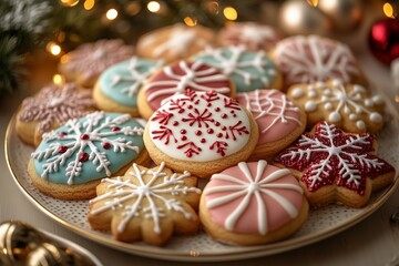 A beautifully arranged platter of Christmas cookies, gingerbread men, sugar cookies, and thumbprint cookies, set on elegant table setting