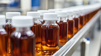Brown liquid bottles on conveyor. A row of bottles containing a brown liquid moves along a conveyor belt.