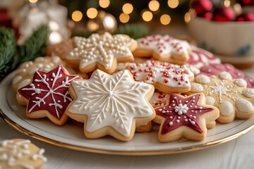 A beautifully arranged platter of Christmas cookies, gingerbread men, sugar cookies, and thumbprint cookies, set on elegant table setting