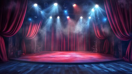 A stage with red curtains and colorful lights, ready for a performance.