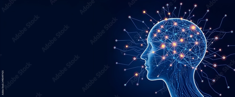 Poster artificial intelligence and clusters of neural networks connecting to a human head on a dark blue ba