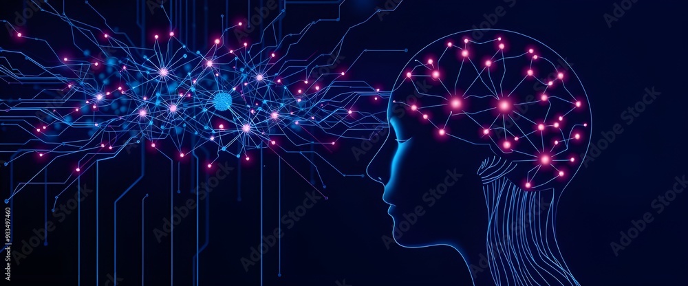 Poster artificial intelligence and clusters of neural networks connecting to a human head on a dark blue ba
