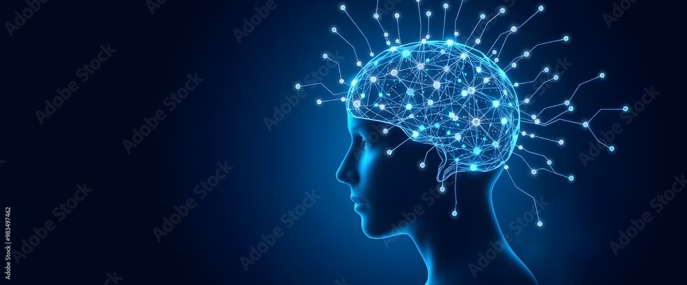 Poster artificial intelligence and clusters of neural networks connecting to a human head on a dark blue ba