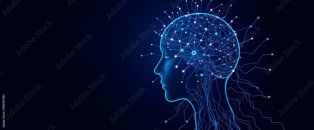 Poster artificial intelligence and clusters of neural networks connecting to a human head on a dark blue ba