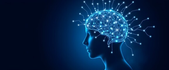Obraz premium Artificial Intelligence and clusters of neural networks connecting to a human head on a dark blue background vector illustration with copy space for text web banner, poster or cover design.