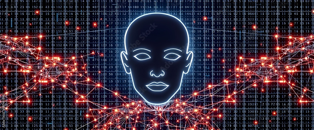 Poster a wireframe human face outline embedded within a matrix grid of glowing data points.