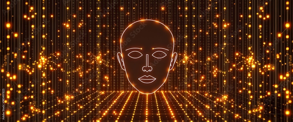 Aufkleber a wireframe human face outline embedded within a matrix grid of glowing data points.