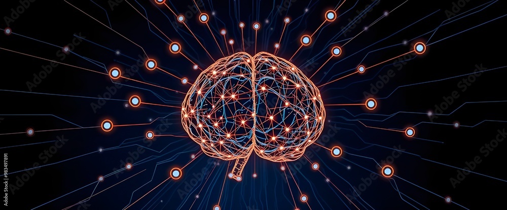 Poster a digital brain with intricate lines radiating outward, connecting to various nodes that resemble a 