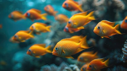 Fototapeta premium Stunning tropical coral reef teeming with life, showcasing a vibrant shoal of Goldbelly Cardinalfish (Apogon apogonides) swimming gracefully among colorful corals. Perfect for marine and oceanic