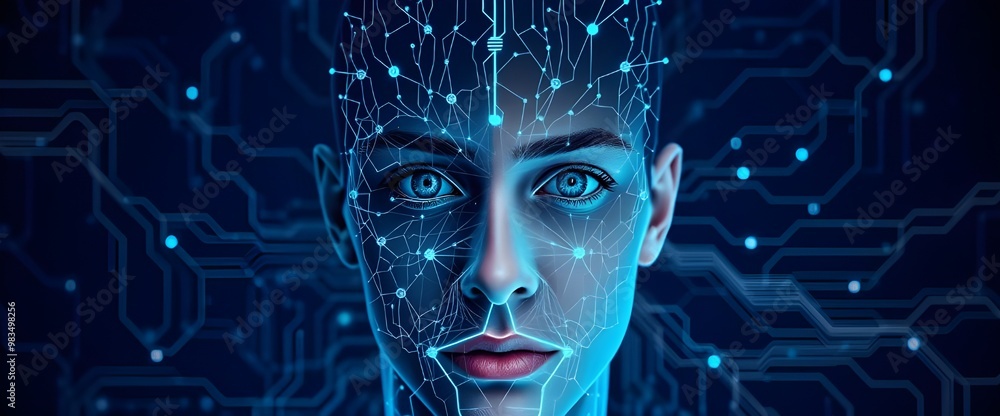 Poster a half-human, half-machine face with flowing neural networks connecting both sides.