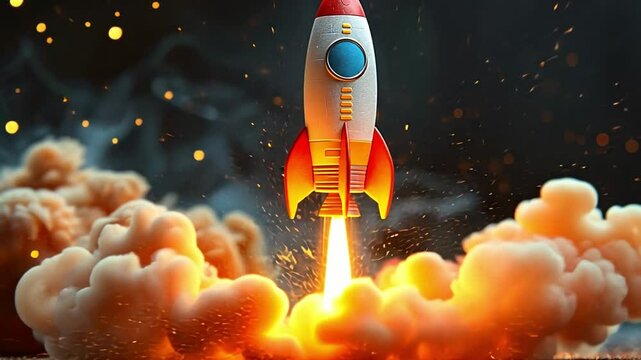 A bright red and white rocket launches into the sky, surrounded by plumes of smoke, creating an exhilarating atmosphere as it ascends.