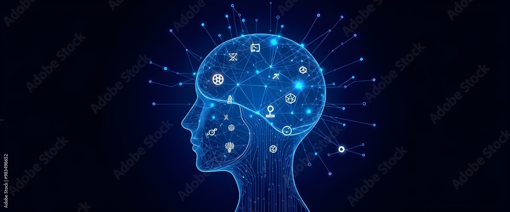 Poster a digital human head with various quantum symbols and neural lines, representing ai thought processe