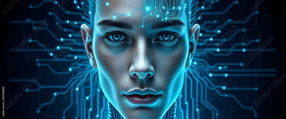 Poster a half-human, half-machine face with flowing neural networks connecting both sides.