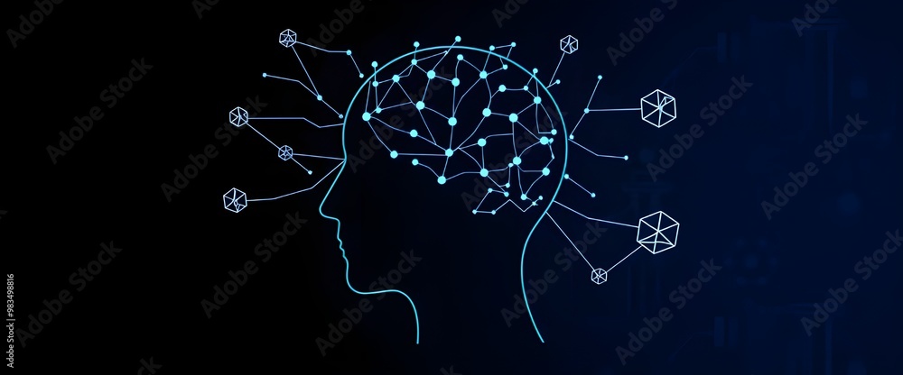 Poster a stylized human head, with neural networks branching out and connecting to machine learning nodes r