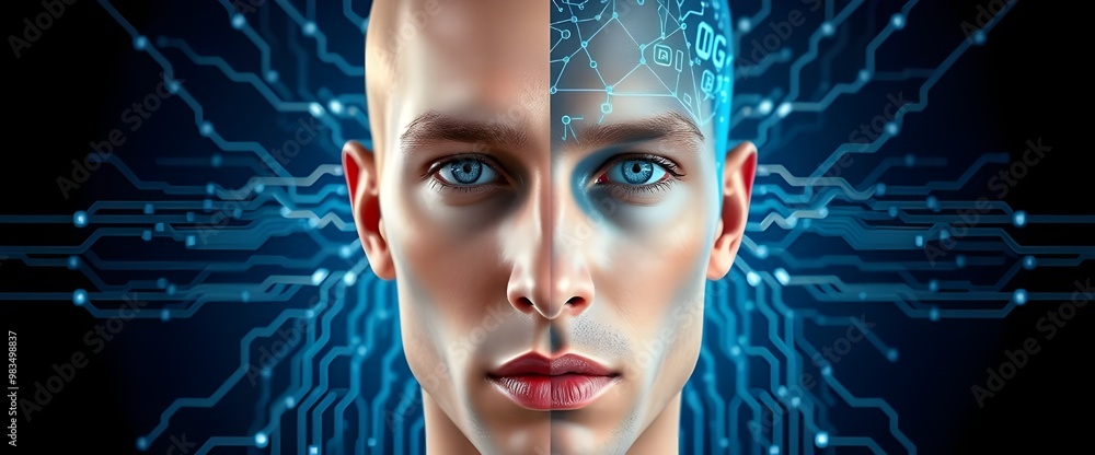 Poster a half-human, half-machine face with flowing neural networks connecting both sides.
