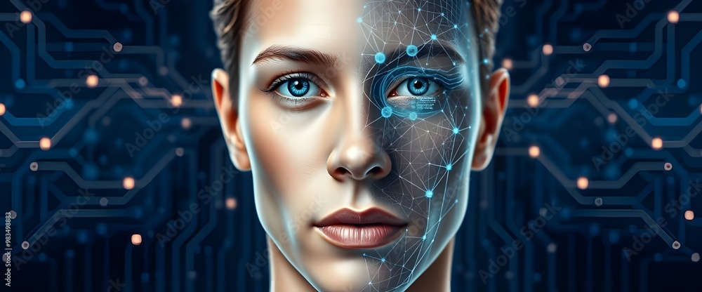 Poster a half-human, half-machine face with flowing neural networks connecting both sides.