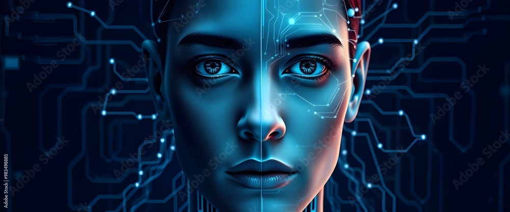 Poster a half-human, half-machine face with flowing neural networks connecting both sides.