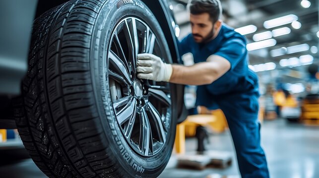 A mechanic working on a car tire in an automotive workshop.
