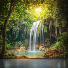Serene Waterfall Surrounded by Lush Greenery