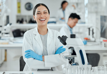 Portrait, arms crossed or happy woman in laboratory for science breakthrough, clinical trial or...