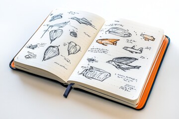 Fototapeta premium An open notebook with ink sketches, blending words and illustrations in a creative expression of an authorâ€™s thoughts