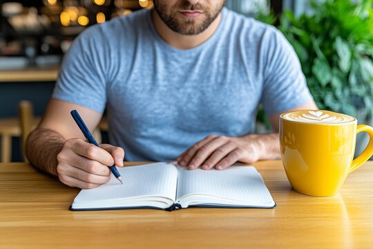 Author sitting at a cafÃ©, writing ideas in a notebook while sipping coffee, capturing the artistic process in a casual setting