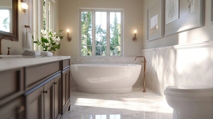 Elegant bathroom with a freestanding tub and marble countertops,