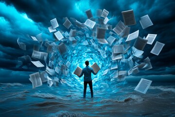 Author surrounded by a whirlwind of ideas, represented by floating pages, books, and words