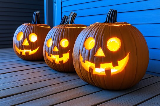 Spoopy jack-o&acirc;&euro;&trade;-lanterns sitting on a porch, all smiling with friendly faces and glowing eyes