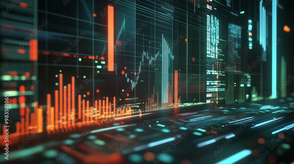 Poster dynamic financial data visualization showcasing market trends with colorful graphs and charts in a d