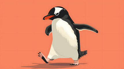 Obraz premium A cartoon penguin walking on an orange background.
