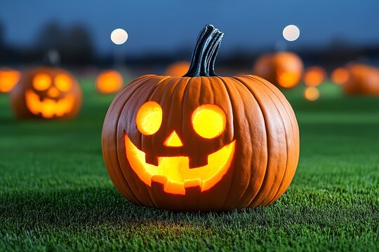 Spoopy pumpkin patch, with pumpkins having cute faces and glowing from within