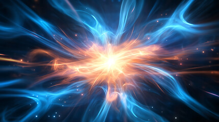 Fototapeta premium Abstract swirling energy with blue and orange light. A glowing starburst at the center. Perfect for backgrounds or design elements.