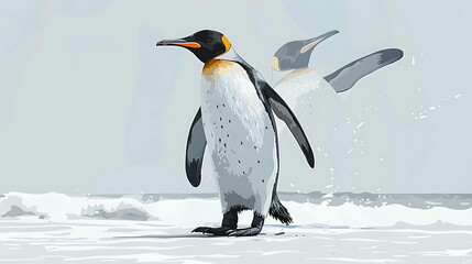 Obraz premium A lone king penguin wades through the surf, with another penguin leaping in the background.