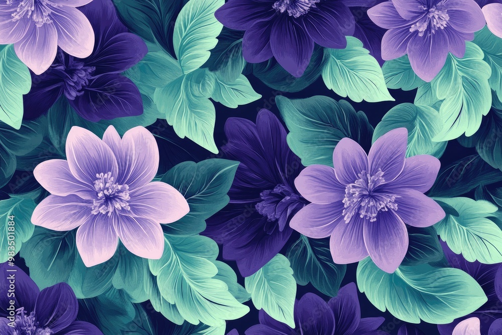 Poster purple flowers and green leaves on a dark background. perfect for creating a floral pattern for a va