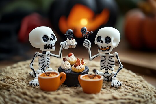 Spoopy skeletons having a tea party, with tiny cups and spooky desserts