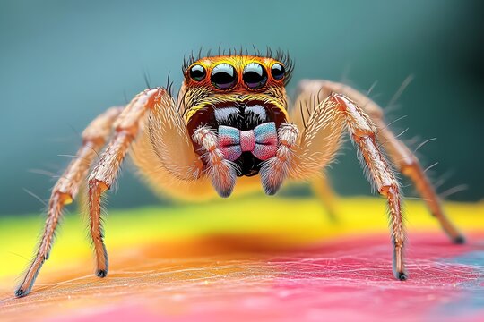 Spoopy spider with a bow tie, smiling while hanging from a colorful web