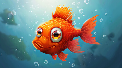 Fototapeta premium A cartoon goldfish with big eyes and a smile, swimming in an underwater scene.