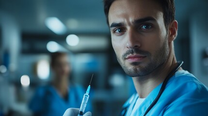 Serious Male Doctor Holding a Syringe in a Hospital Room