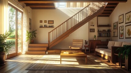 Fototapeta premium Farmhouse home interior design of modern living room with wooden staircase