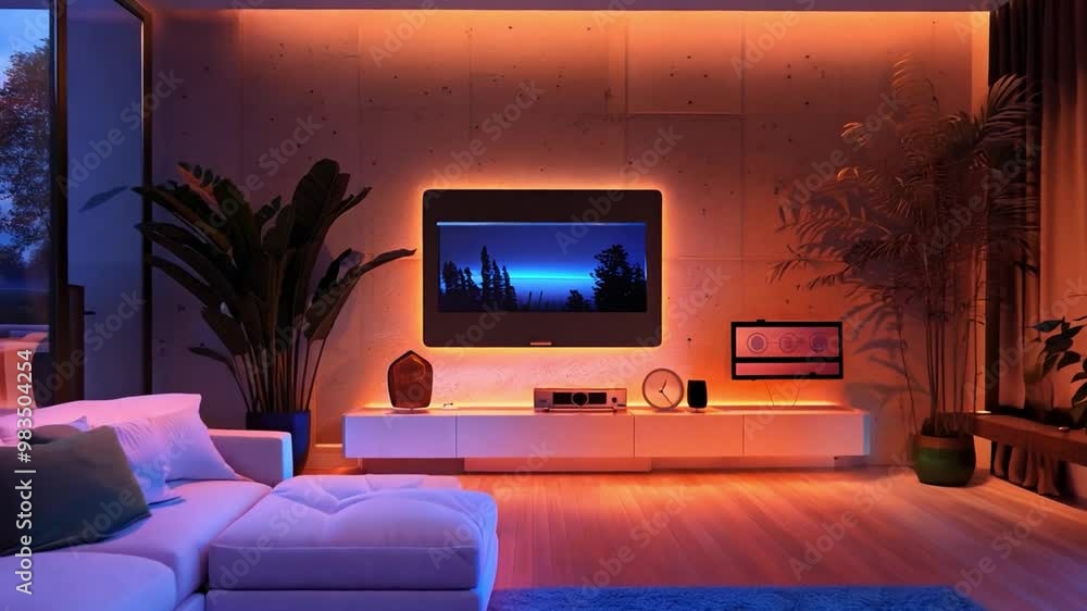 Poster a spacious modern living area features a large sectional couch and tasteful decor. soft ambient ligh