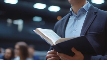 A Man in a Suit Reads a Book While Standing in a Crowd