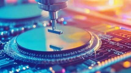 Close-up of silicon die extraction from semiconductor wafer and precise attachment to substrate using advanced pick and place machine in computer chip manufacturing and semiconductor packaging process