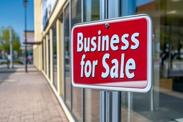 Close-up of a "Business for Sale" sign, outside a storefront or office building, symbolizing a business on the market