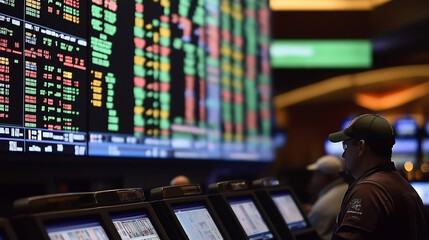 Gambler watching live betting odds on screen in casino