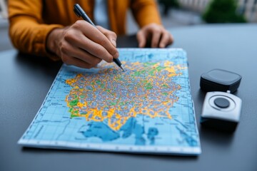 Close-up of a travelerâ€™s hand on a map, planning routes and pinning down exciting destinations