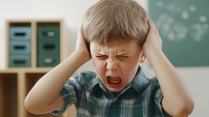 Upset autistic boy covering his ears in distress and overwhelmed by loud noises in preschool, struggling with sensory overload and seeking comfort in a noisy classroom environment